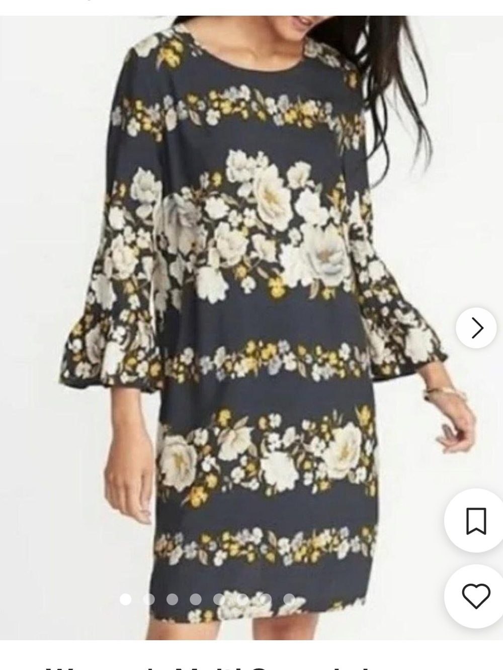 Old Navy Horizontal Floral Shift Dress 3/4 Sleeves Yellow White Dark Gray Medium